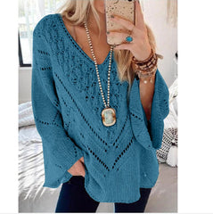 Solid Color Cutout V-Neck Flared Sleeve Knit Sweater