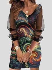 Fashion Slim Fit Mesh Sleeve V neck Bodycon Dresses