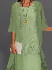 Lace Floral Embroidered Layered Patchwork Crew Neck Elegant Midi Dress