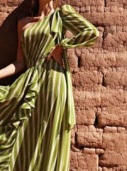 Fashion Stripe Oblique shoulder Long sleeve Falbala Skater Maxi Dresses