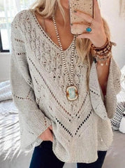 Solid Color Cutout V-Neck Flared Sleeve Knit Sweater