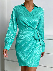 Elegant Mid Waist Tie Long Sleeve Mini Dress