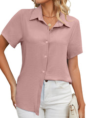 Casual Loose Button Solid Color V Neck Short Sleeved Blouse