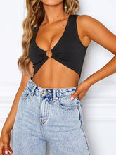 Sexy Crop Workout Plunge Ring Cleavage Cropped Deep V Neck Tank Top - Scoop - Bare