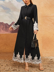 Turn Up Button Lace Belt Maxi Long Maxi Dress