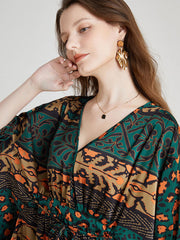 Size Curve Dresses Vintage Print Stitching Fashion Loose Midi Dress