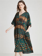 Size Curve Dresses Vintage Print Stitching Fashion Loose Midi Dress