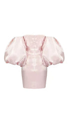SATIN PUFF SLEEVE MINI DRESS IN PINK