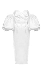 SATIN STRAPLESS MIDI DRESS IN WHITE