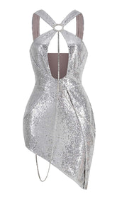 SEQUIN CUTOUT HIGH LOW DRESS IN SLIVER