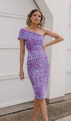 SEQUIN STRAPLESS MIDI DRESS IN PURPLE