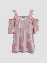 Solid Lace Cold Shoulder Short Sleeves Cold Shoulder Sleeve Elegant Blouses
