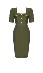 SQUARE COLLAR BUTTON MIDI DRESS IN OLIVE GREEN