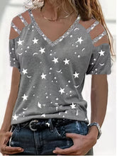 Summer Star Print V-neck Off-shoulder T-shirt - Drop Shoulder - Off-Shoulder - Barcelet - Scoop - Bare