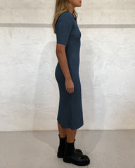 Button Lapel Half Sleeve Fitted Ribbed Dress