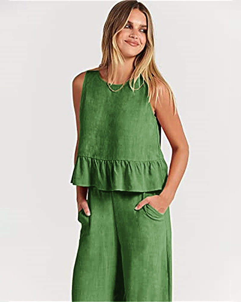 2 Piece Outfits Sleeveless Ruffle Tank Crop Top and Wide Leg Pants Lounge Set with Pockets