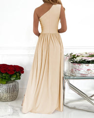 Solid Color One Off Shoulder Hollow Out Sexy Halter High Waist Slit Long Dresses Party Dresses