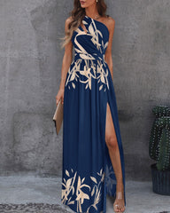 Solid Color One Off Shoulder Hollow Out Sexy Halter High Waist Slit Long Dresses Party Dresses