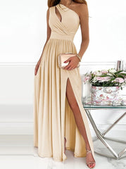 Solid Color One Off Shoulder Hollow Out Sexy Halter High Waist Slit Long Dresses Party Dresses