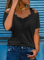 Solid Lace Cold Shoulder Short Sleeves Cold Shoulder Sleeve Elegant Blouses