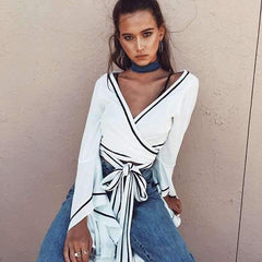 Fashion V neck Lacing Mandarin sleeve T-Shirts