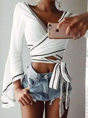 Fashion V neck Lacing Mandarin sleeve T-Shirts