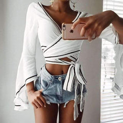 Fashion V neck Lacing Mandarin sleeve T-Shirts