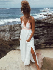 Split-joint V-neck Spaghetti-neck Backless Maxi Dress
