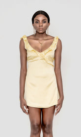 SATIN RUFFLE MINI DRESS IN YELLOW