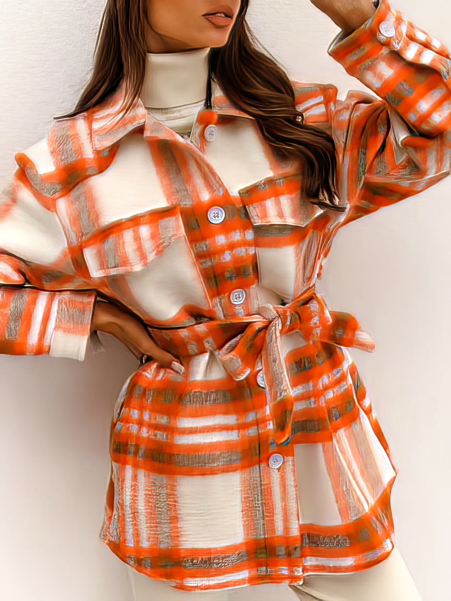 Checked Belted Two-Tone Pocket Button Woolen Coat