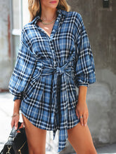 Check Print Buttons Lace-Up Shirt Dress