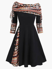 Off Shoulder Drawstring Long Sleeve Dress