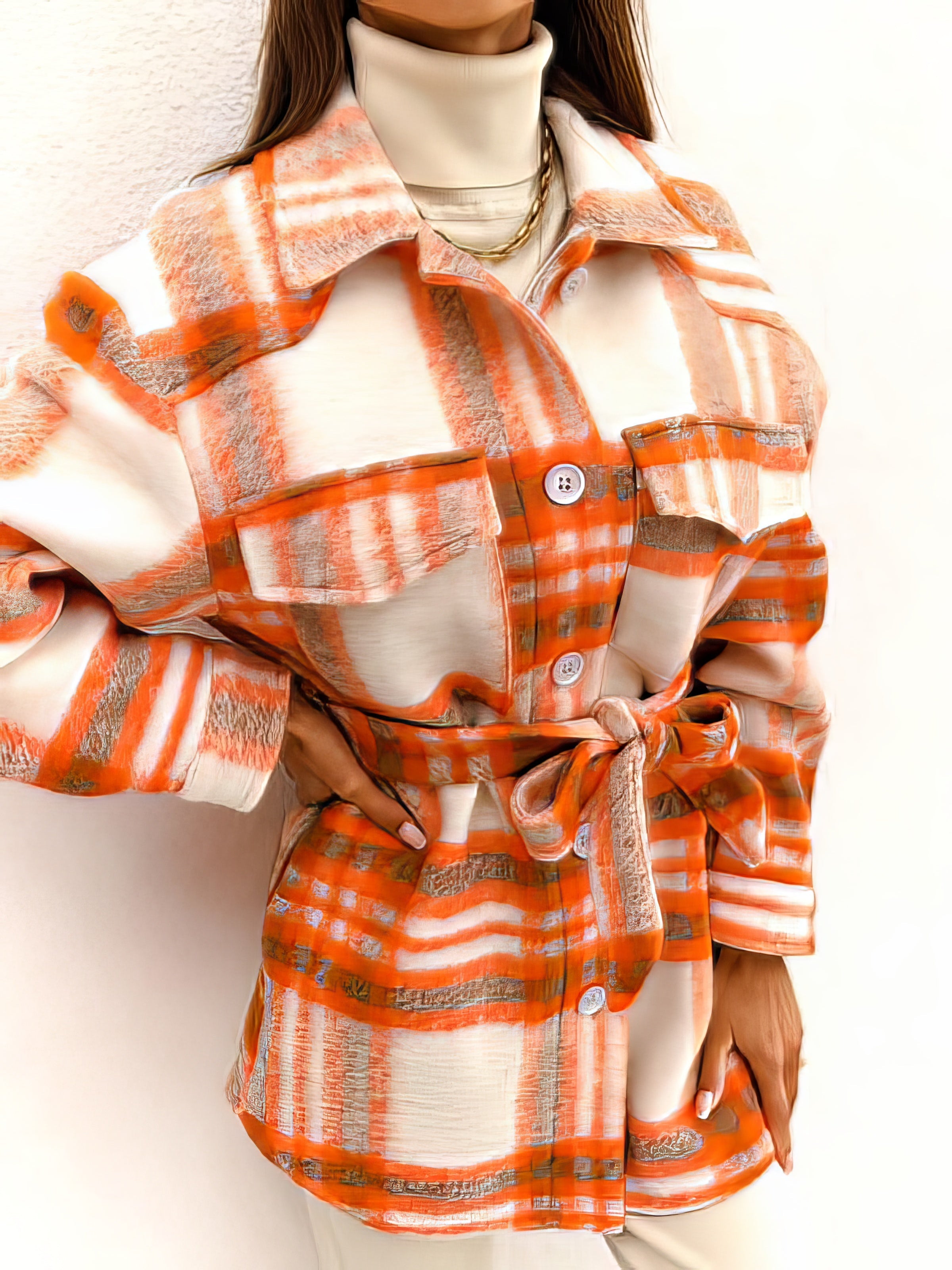 Checked Belted Two-Tone Pocket Button Woolen Coat