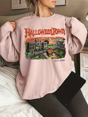Plus Size Halloween Casual Sweatshirt, Women's Plus Graphic & Art Letter Print Long Sleeve Round Neck Sweatshirt