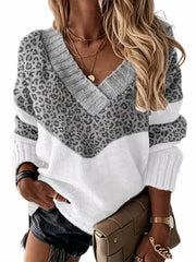 Plus Size Casual Sweater, Women's Plus Colorblock Leopard Print V Neck Long Sleeve Pullover Sweater