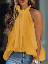 Plus Size Elegant Tank Top, Women's Plus Solid Halter Neck Tie Back Ruched Tank Top