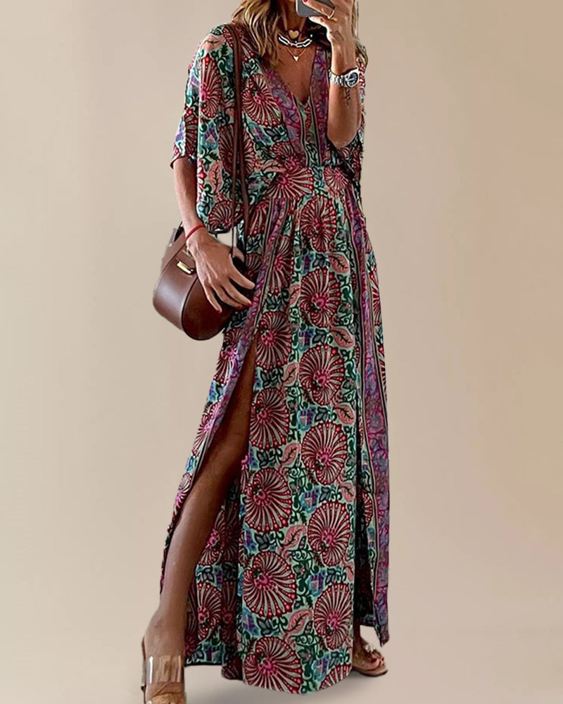 Bohemian Printing V Neck Dress Elegant Split Ankle Length Long Dress