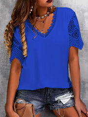 Plus Size Elegant T-shirt, Women's Plus Solid Contrast Lace Panel Short Sleeve V Neck T-shirt