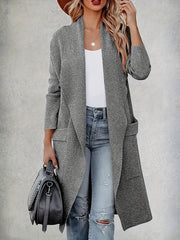 Plus Size Casual Coat, Women's Plus Solid Long Sleeve Lapel Collar Long Coat With Pockets