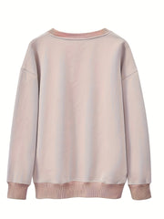 Plus Size Casual Sweatshirt, Women's Plus Cartoon Figure & Slogan Print Long Sleeve Crew Neck Slight Stretch Pullover Sweatshirt, Casual Tops For Fall & Winter, Plus Size Women's Clothing