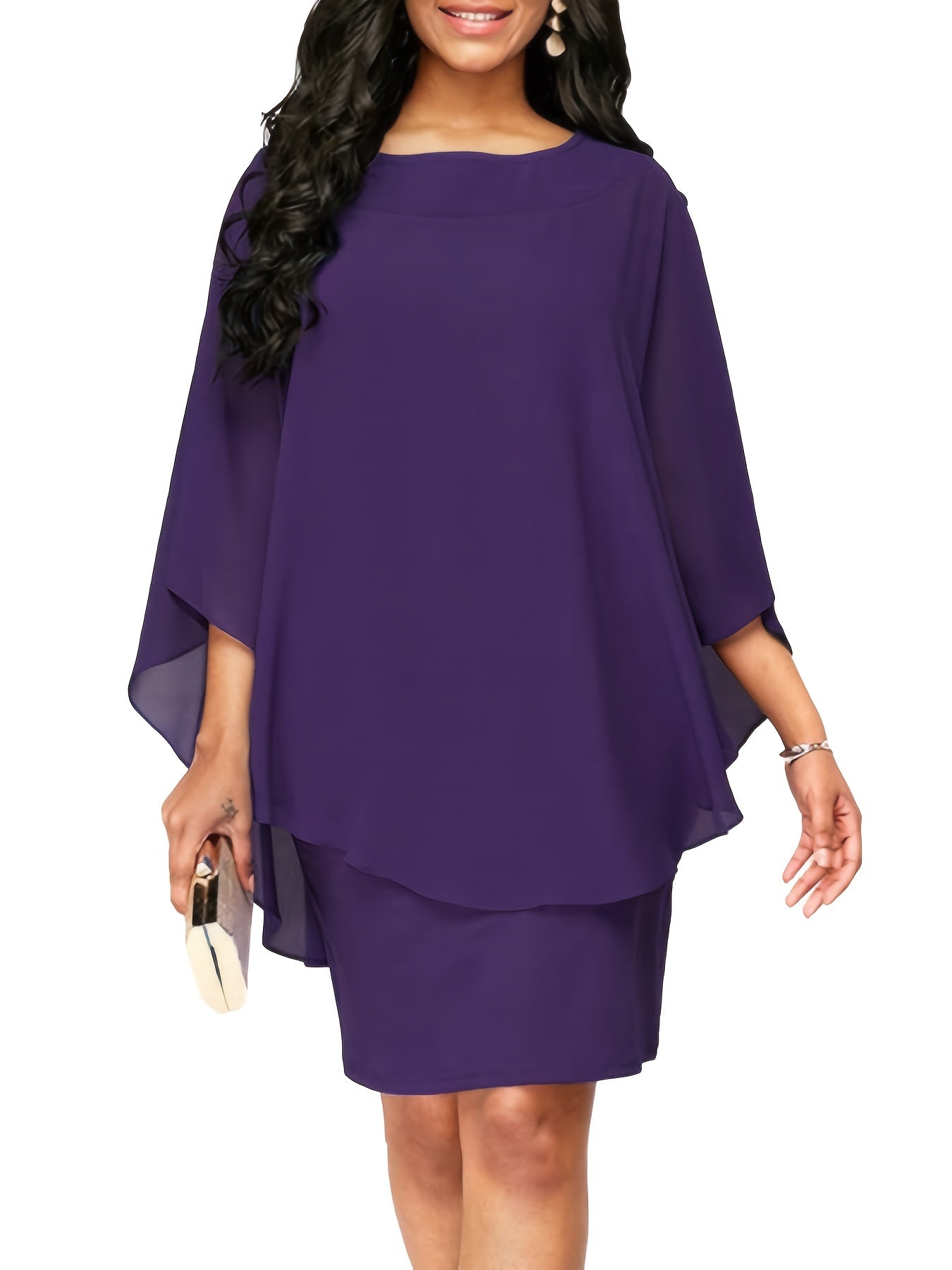 Plus Size Solid Round Neck 3/4 Sleeve Cape Midi Dress, Women's Plus Elegant Slight Stretch Cape Midi Dress