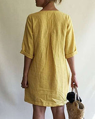 Casual Loose Short Sleeve V-Neck Cotton Linen Dress