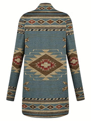 Plus Size Boho Coat, Women's Plus Southwestern Print Long Sleeve Open Front Slight Stretch Cardigan