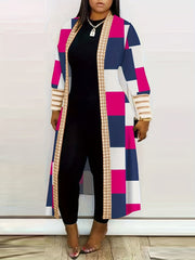 Plus Size Colorblock Longline Coat, Women's Plus Slight Stretch Casual Trench Coat