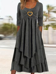Plus Size Elegant Dress, Women's Plus Plain Long Sleeve Layered Heart Ring Decor Round Neck Maxi Dress