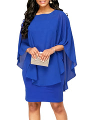 Plus Size Solid Round Neck 3/4 Sleeve Cape Midi Dress, Women's Plus Elegant Slight Stretch Cape Midi Dress