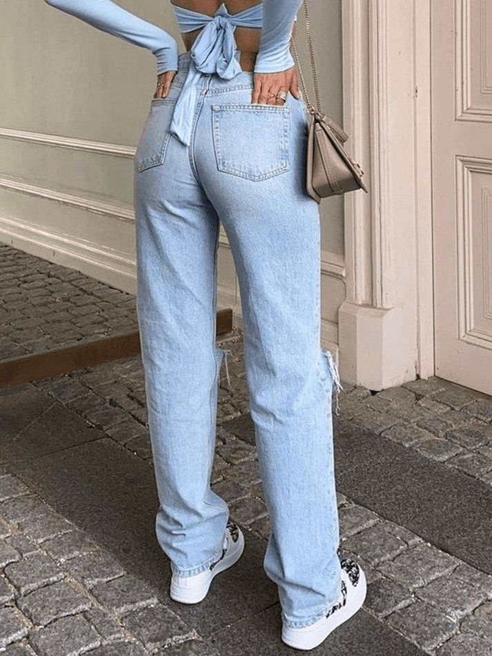 Blue Wash Straight Leg Knee Ripped Jeans
