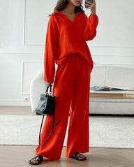 4Pcs Outfits Black Sets+Orange Sets Simple V-Neck Tops + Casual Wide Leg Pants