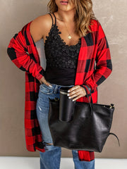 Plus Size Casual Coat, Women's Plus Gingham Print Long Sleeve Open Front Cardigan