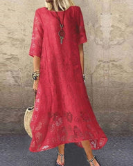 3/4 Sleeve Floral Lace Mesh Crew Neck Long Dress